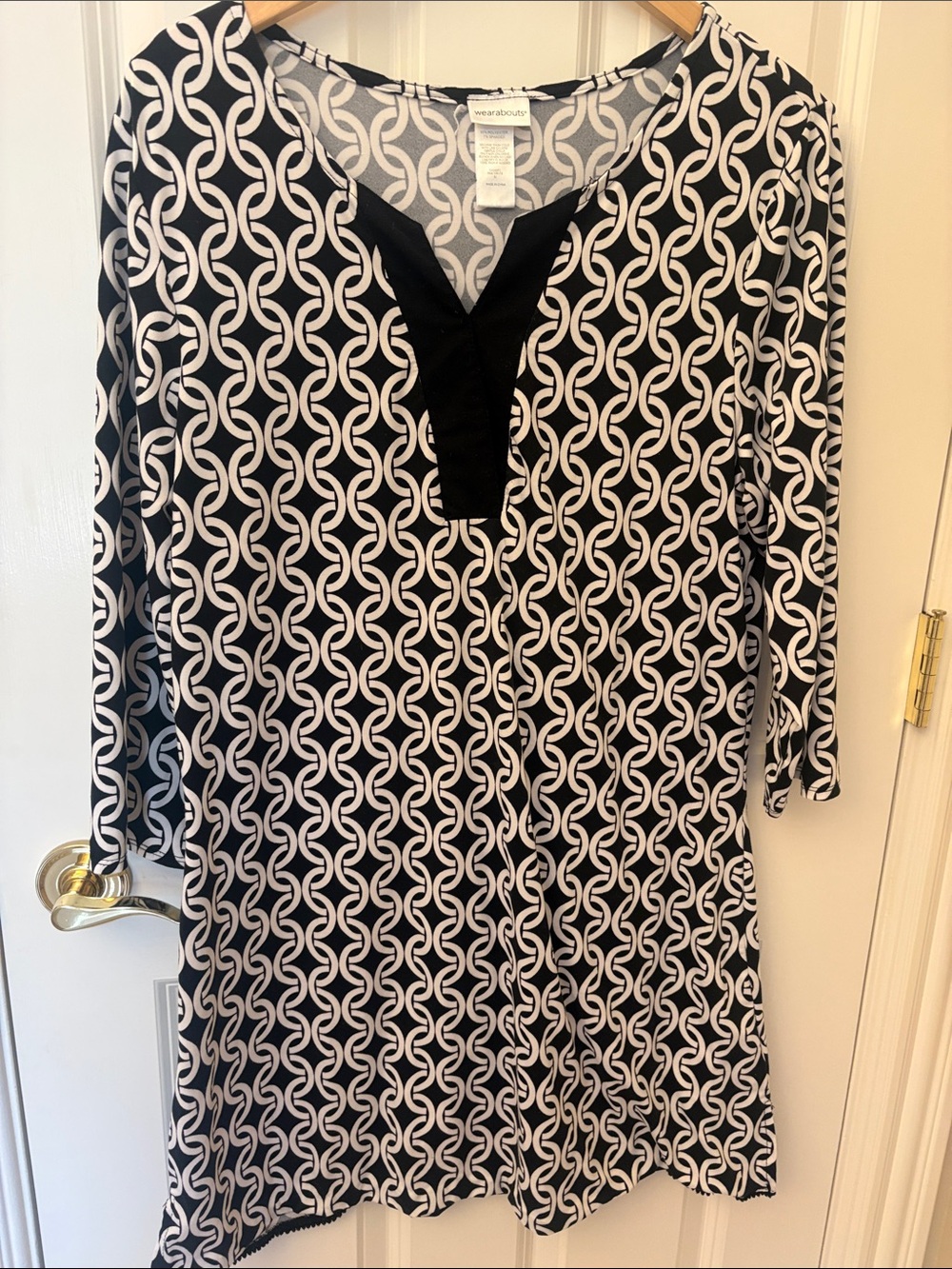 White & Black Chain Print Tunic with Black Placket Coverup/Dress